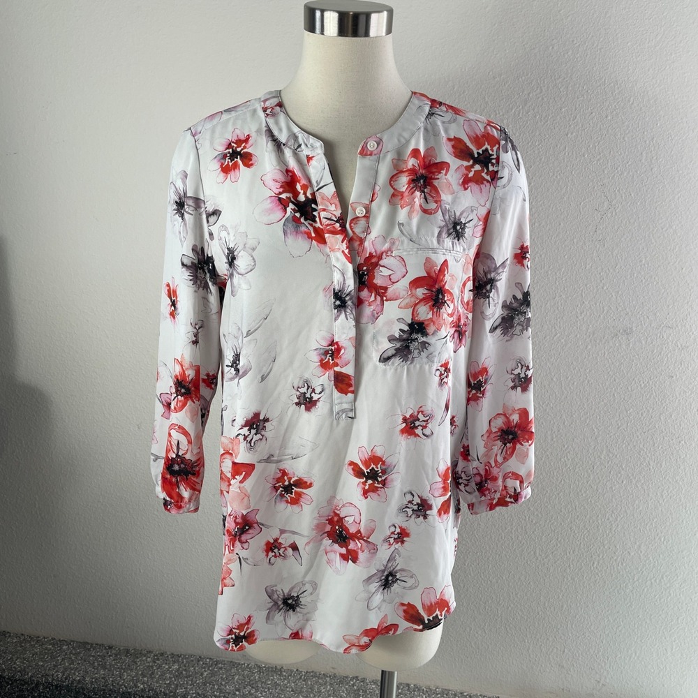 NYDJ Women Medium Red Grey Floral Watercolor V Neck Blouse 3/4 Sleeve Tunic Top